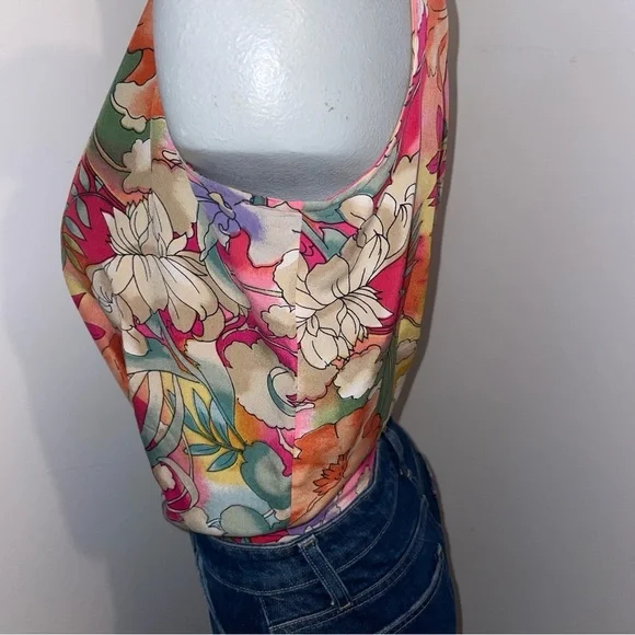 Tess vintage tank top scoop neck silk purple pink orange floral large - Picture 2 of 5